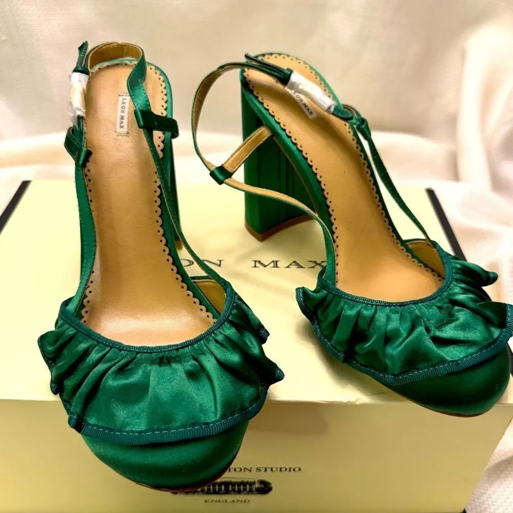 NIB Leon Max emerald green satin block ruffle slingback high heels size 38 7.5